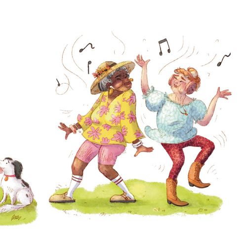 Children playing, painting, and dancing with a dog in colorful outfits.