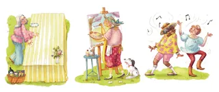 Children playing, painting, and dancing with a dog in colorful outfits.