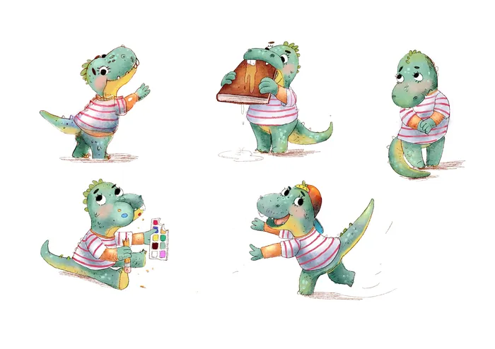 Cartoon dinosaur character in striped shirt performing different activities