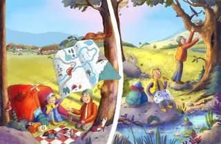 Picnic setup in a grassy park with snacks and drinks