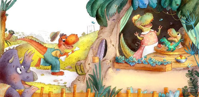 Illustration of dinosaurs in a village with trees, market, and playful dinosaurs