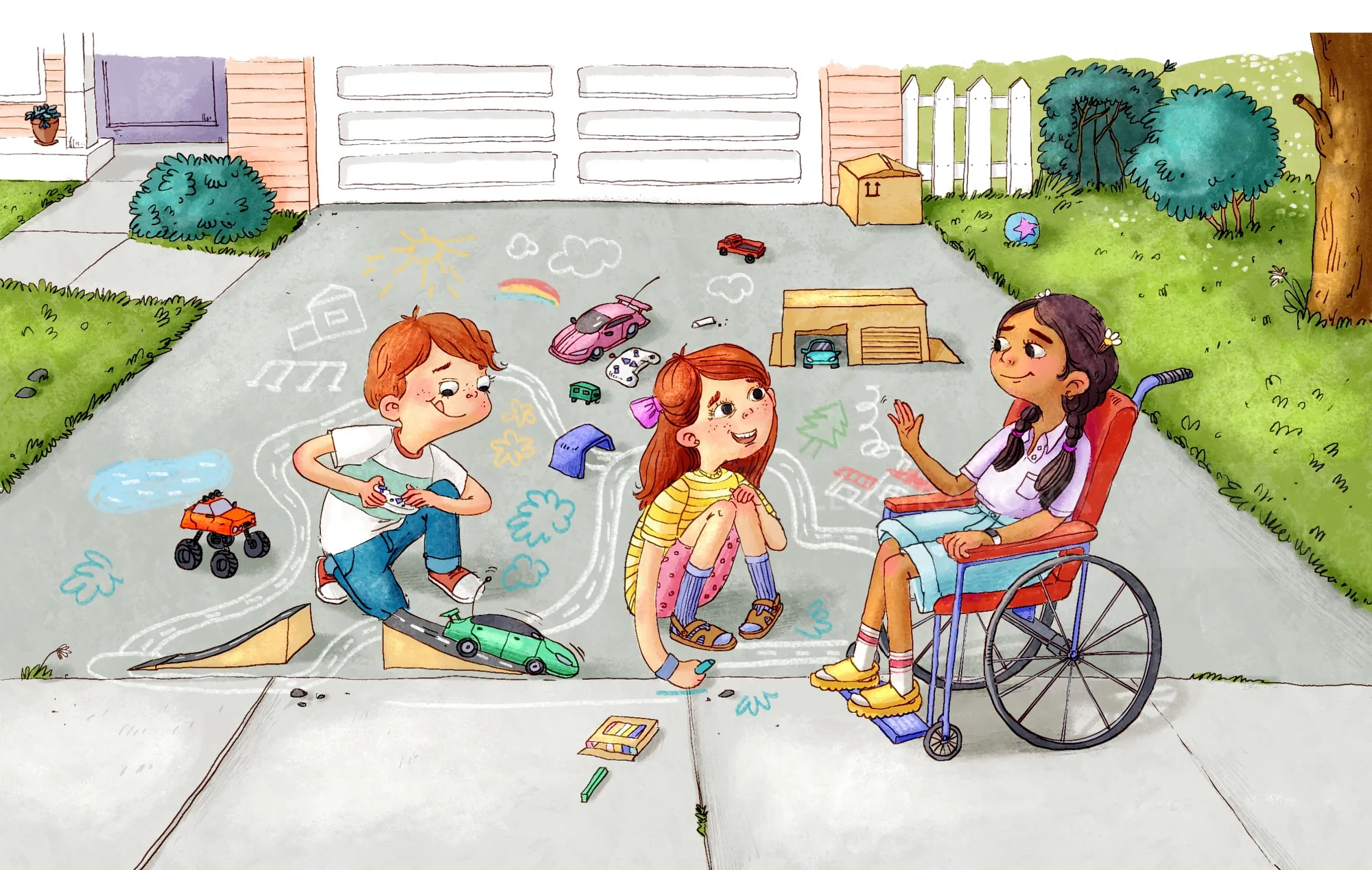 Three children playing with toys and chalk on a driveway outside a house