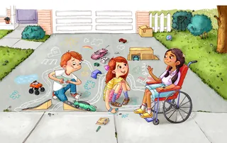 Three children playing with toys and chalk on a driveway outside a house