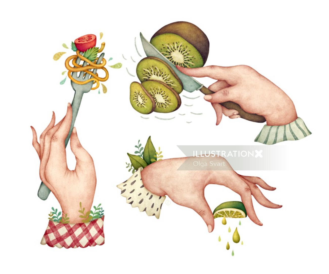 Illustration of kiwi lime and tomato