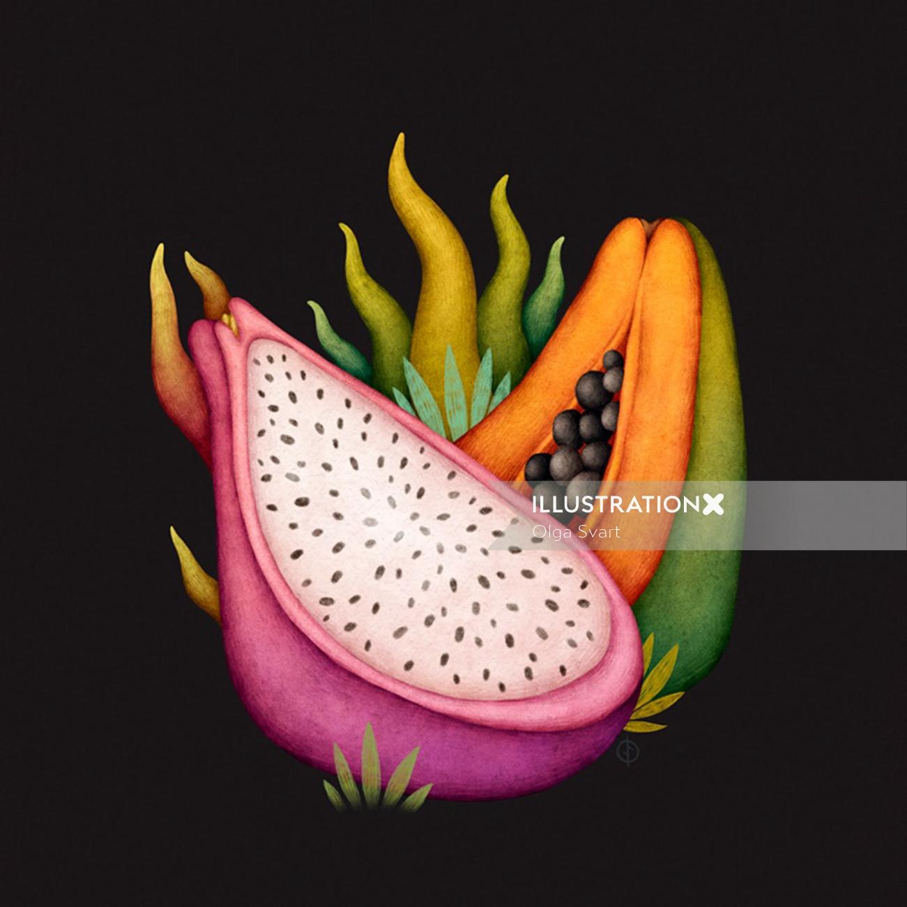 Illustration of a dragon and papaya fruit