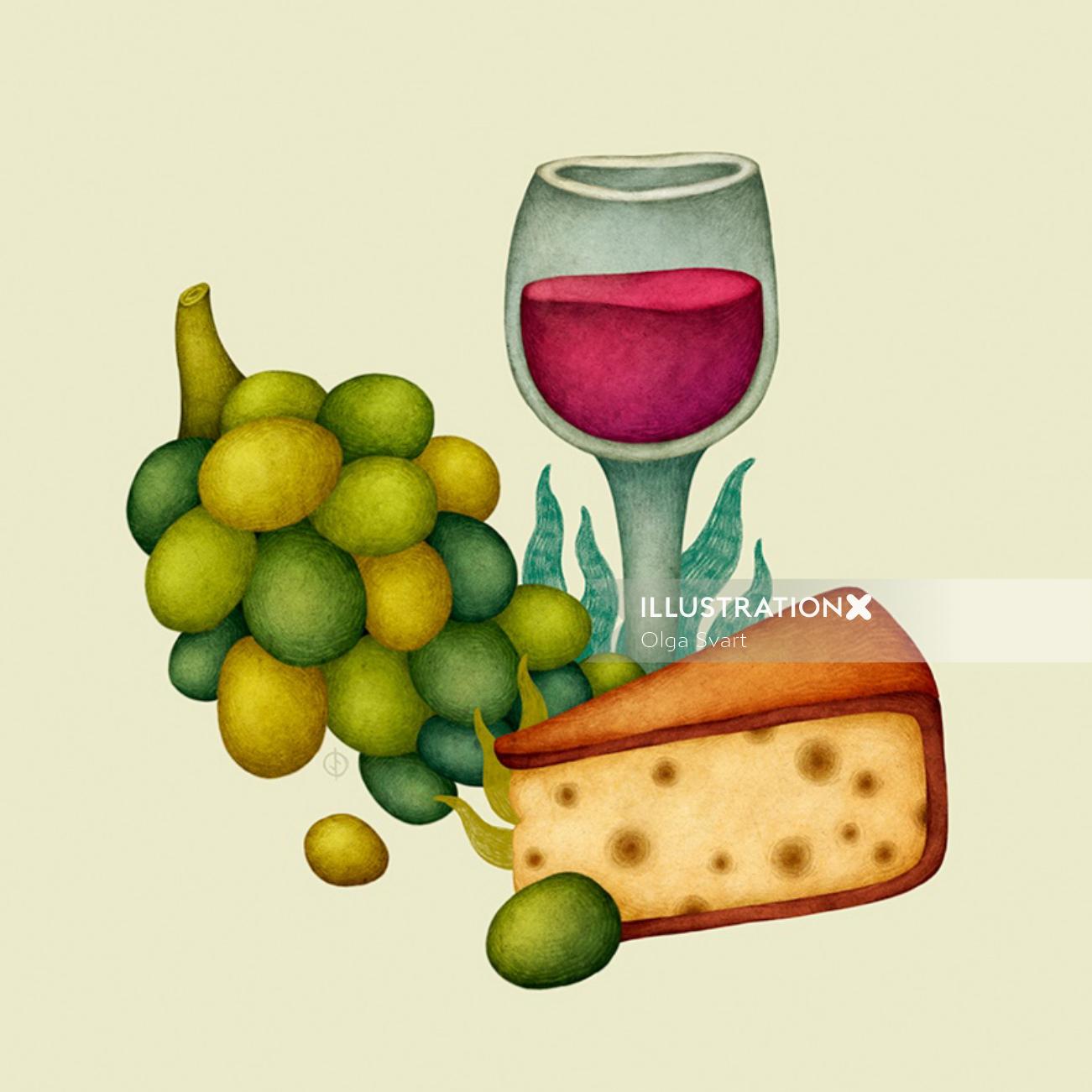 Artwork of cake fruits and wine