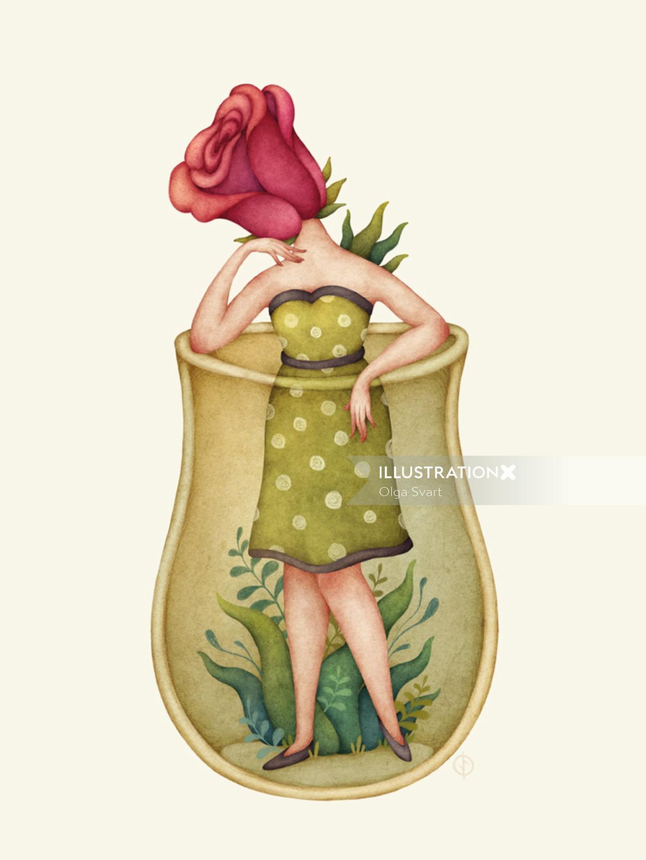 Cartoon of Rose head lady in a jar