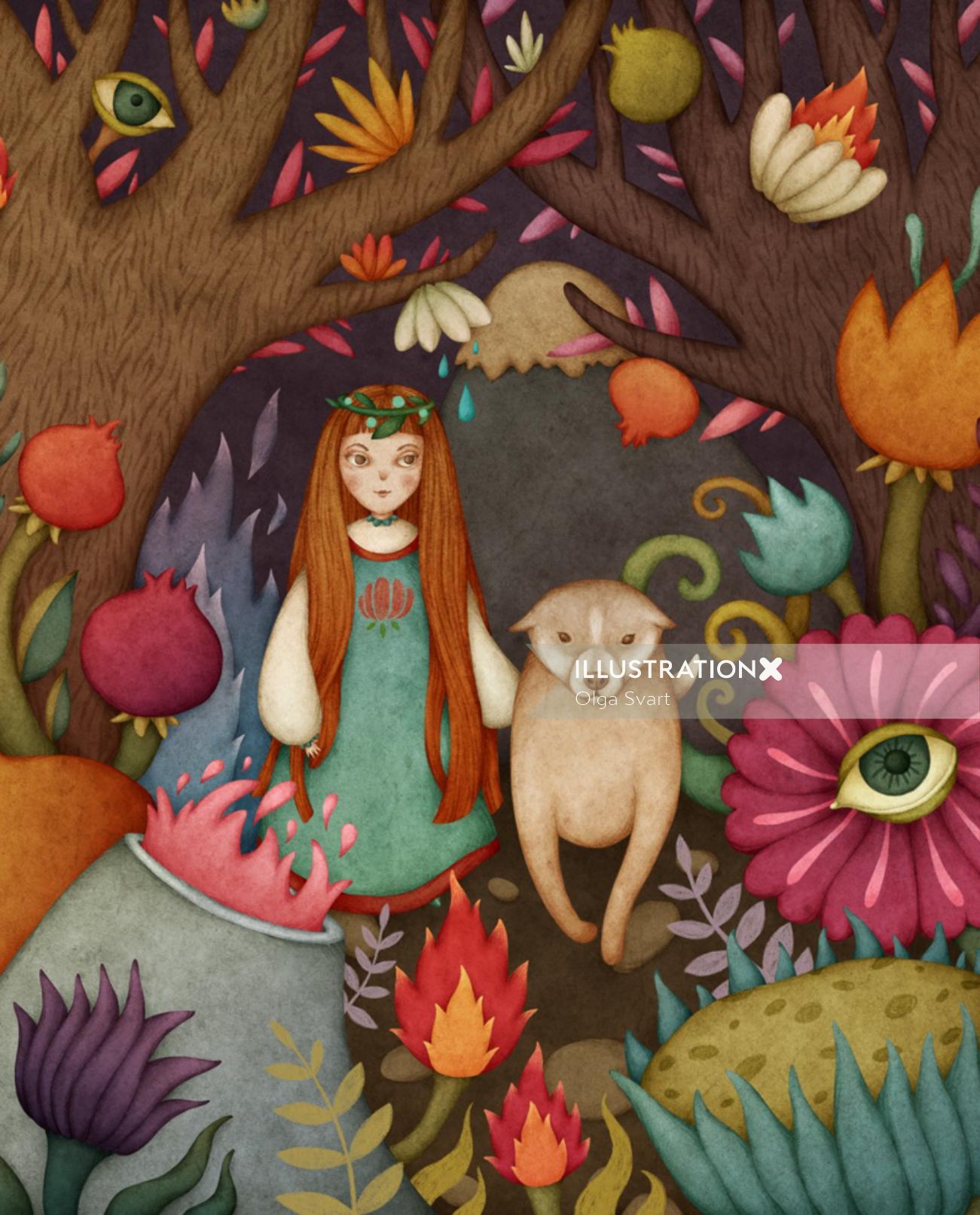 Fantasy illustration of girl and her dog