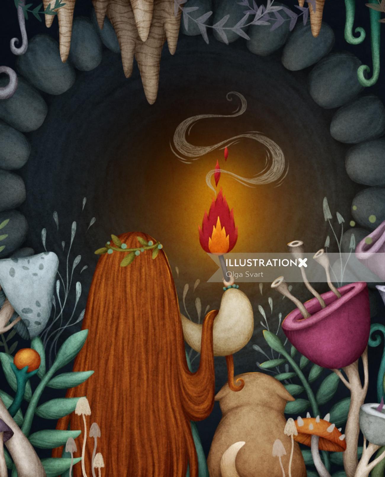 Cartoon of brave girl entering into dark cave