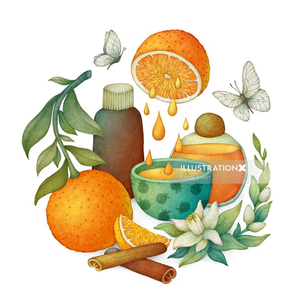 Illustration of citrus fruit and juice