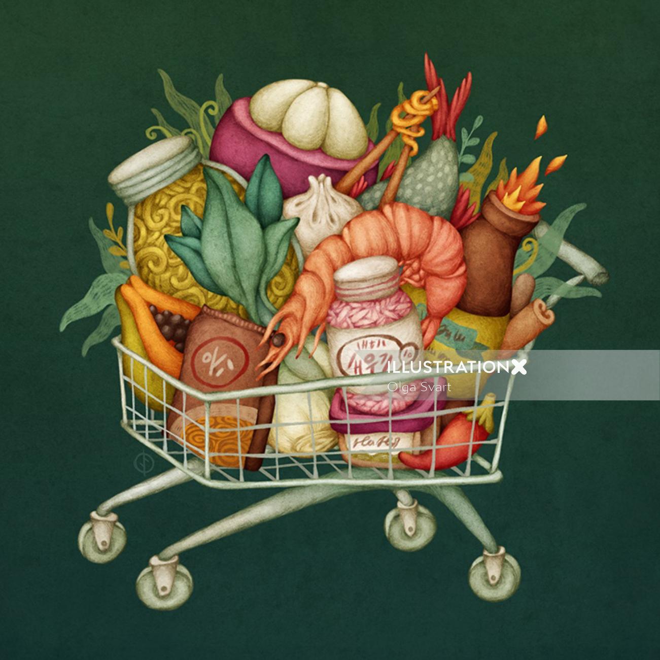 Illustration of grocerries in trolly of a super market