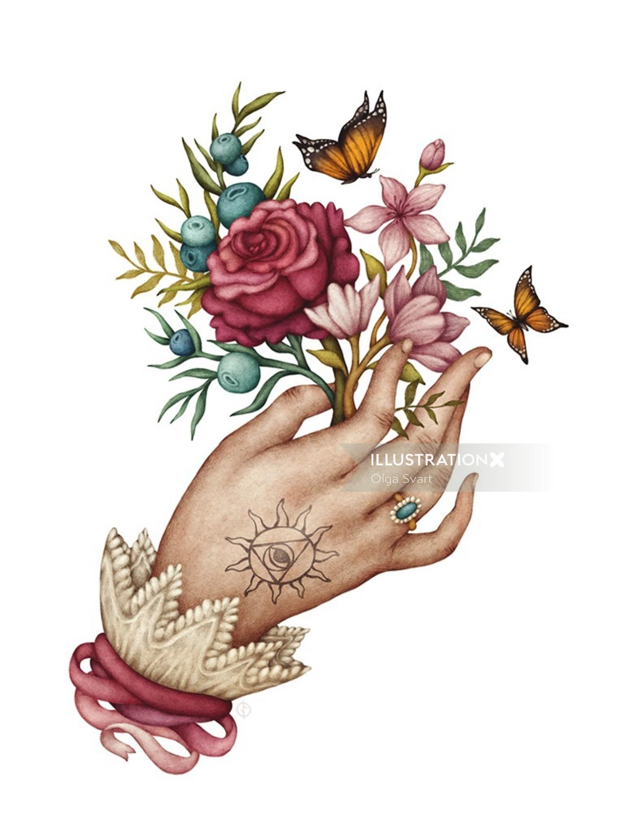 Artwork of floral hand with tatoo