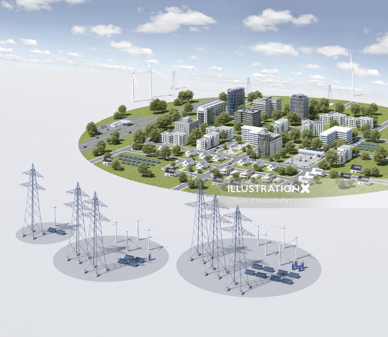 3D / CGI Rendering city with electricity poles