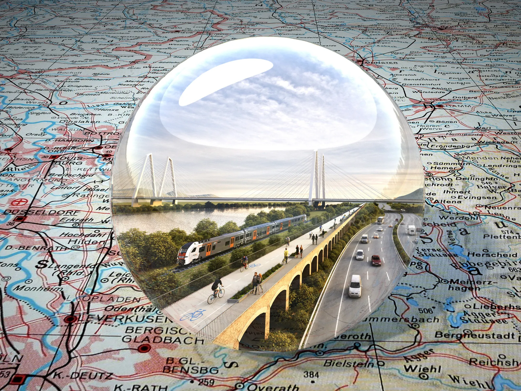 Train and bridge scene under transparent bubble on map by Oliver Hasselluhn