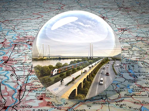 Train and bridge scene under transparent bubble on map by Oliver Hasselluhn