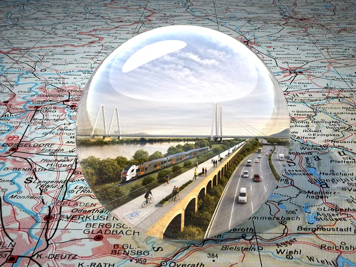 Train and bridge scene under transparent bubble on map by Oliver Hasselluhn