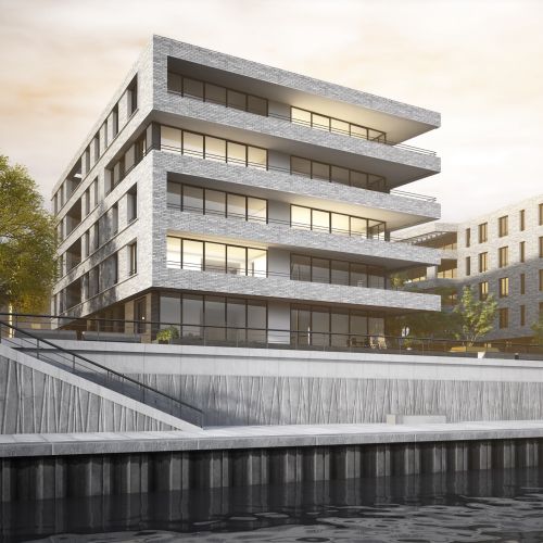 Modern waterfront residential buildings with dock and boats by Oliver Hasselluhn