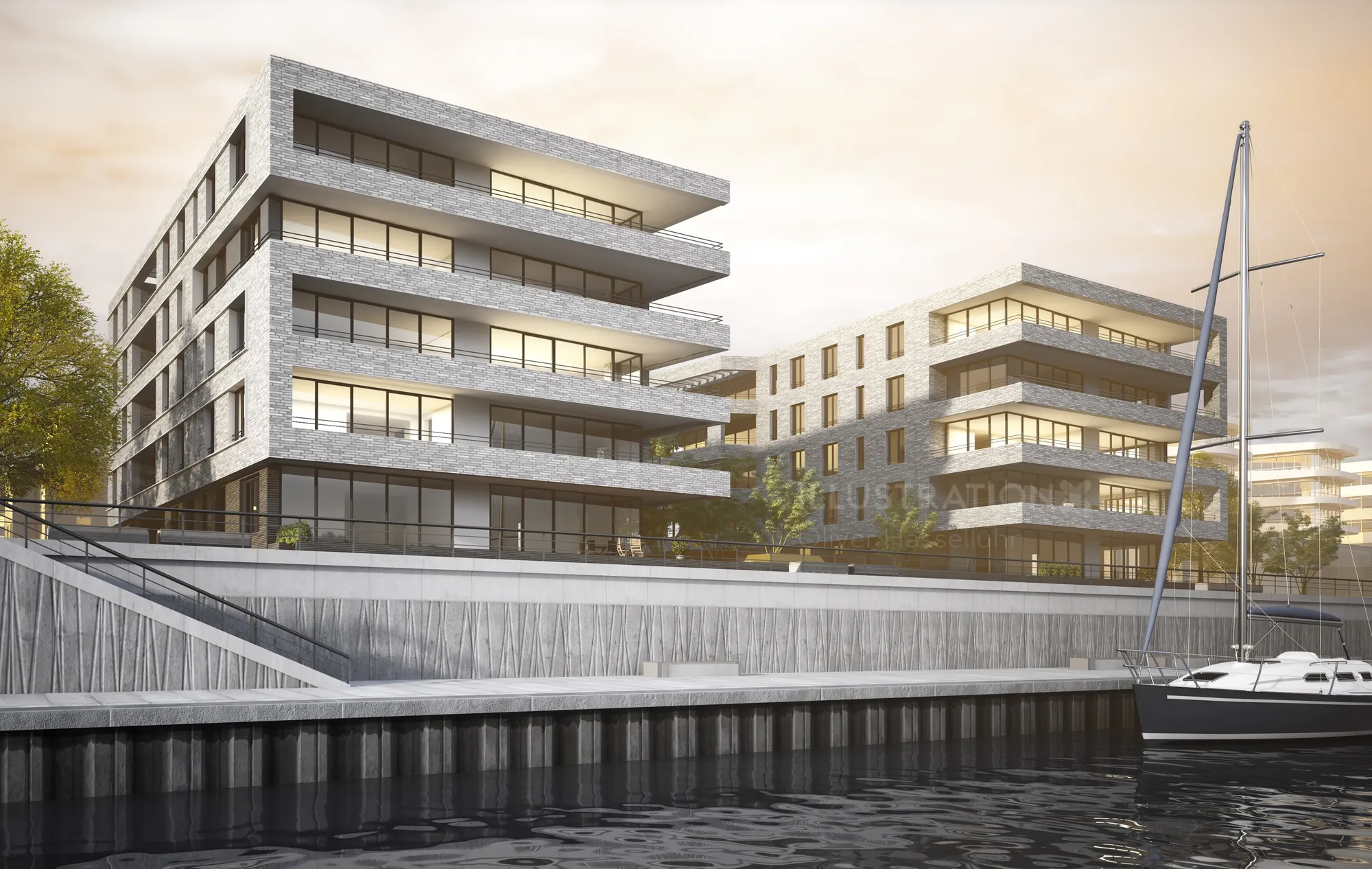 Modern waterfront residential buildings with dock and boats by Oliver Hasselluhn