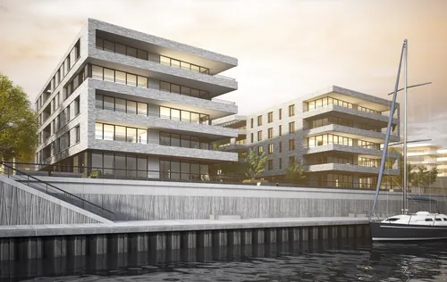 Modern waterfront residential buildings with dock and boats by Oliver Hasselluhn