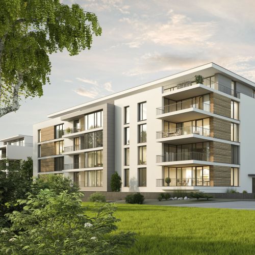 Modern residential apartment building with balconies and surrounding greenery by Oliver Hasselluhn