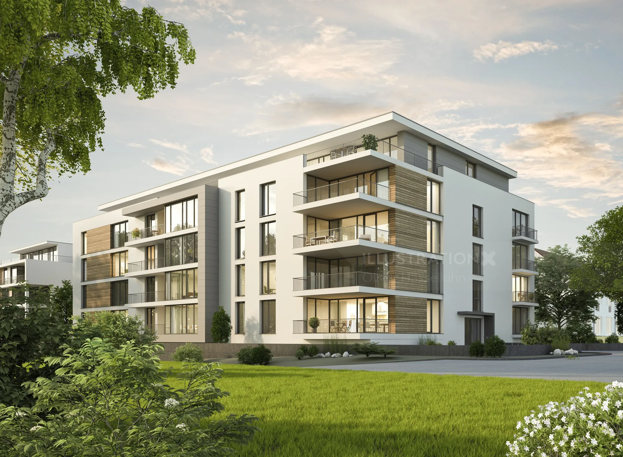 Modern residential apartment building with balconies and surrounding greenery by Oliver Hasselluhn