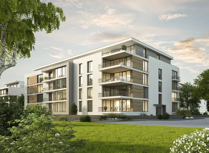 Modern residential apartment building with balconies and surrounding greenery by Oliver Hasselluhn