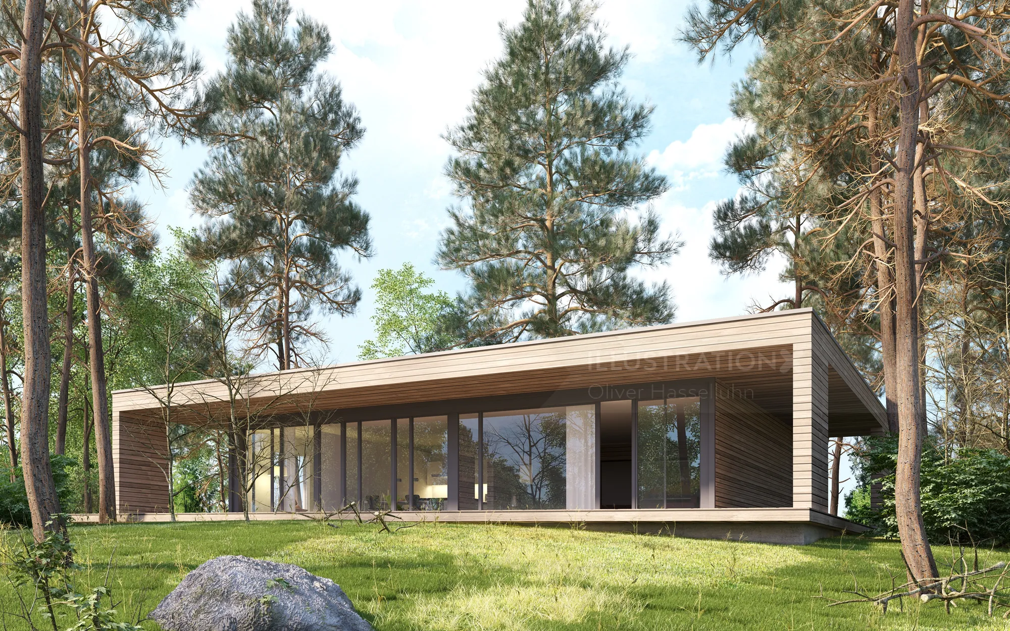 Modern glass house surrounded by pine trees in forest landscape by Oliver Hasselluhn
