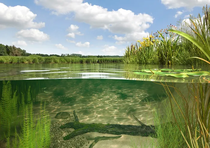 Clear freshwater pond showing underwater plants and a submerged branch by reeds, by Oliver Hasselluh
