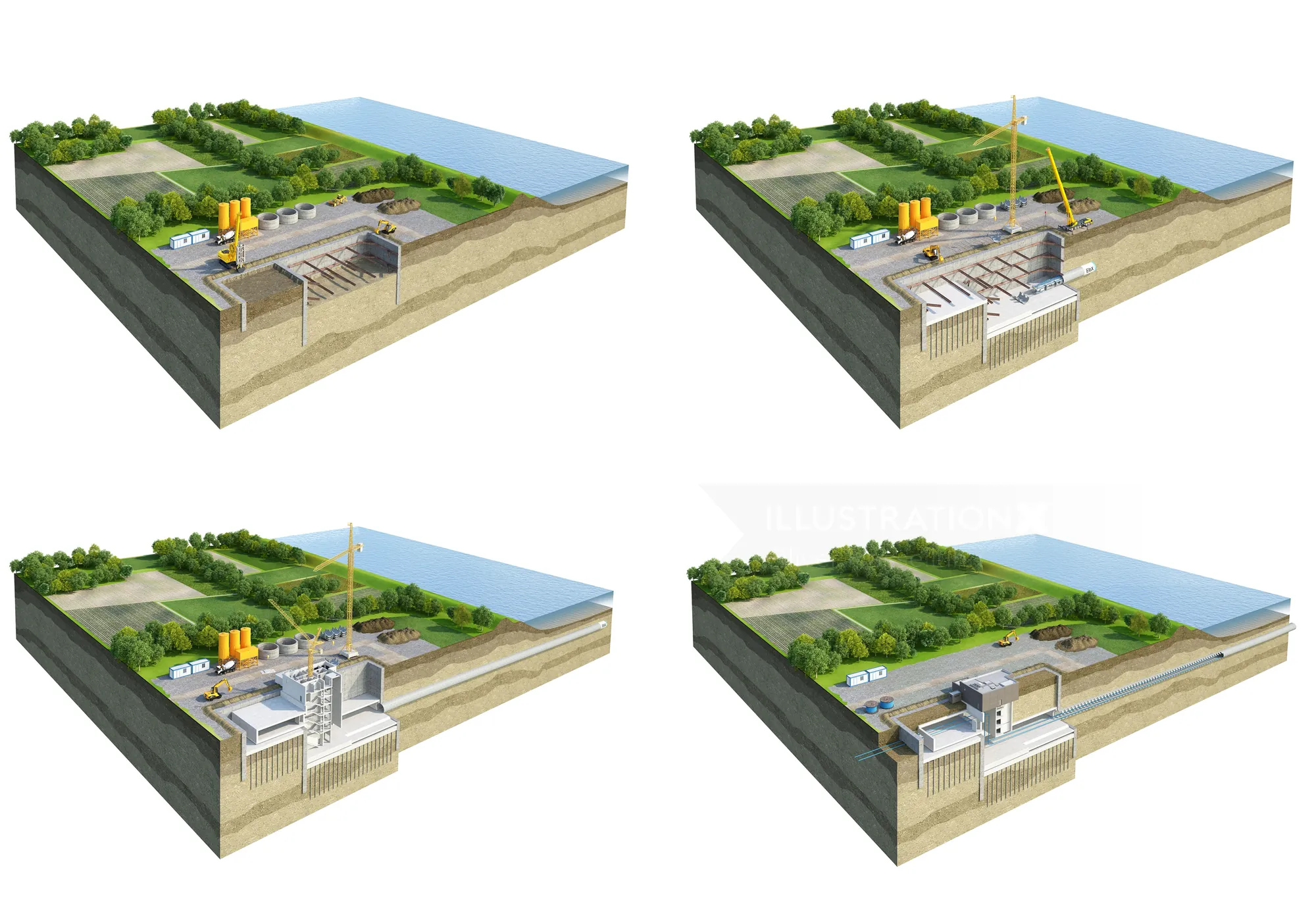 Tunnel construction phases beneath river landscape by Oliver Hasselluhn
