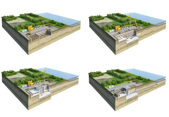 Tunnel construction phases beneath river landscape by Oliver Hasselluhn