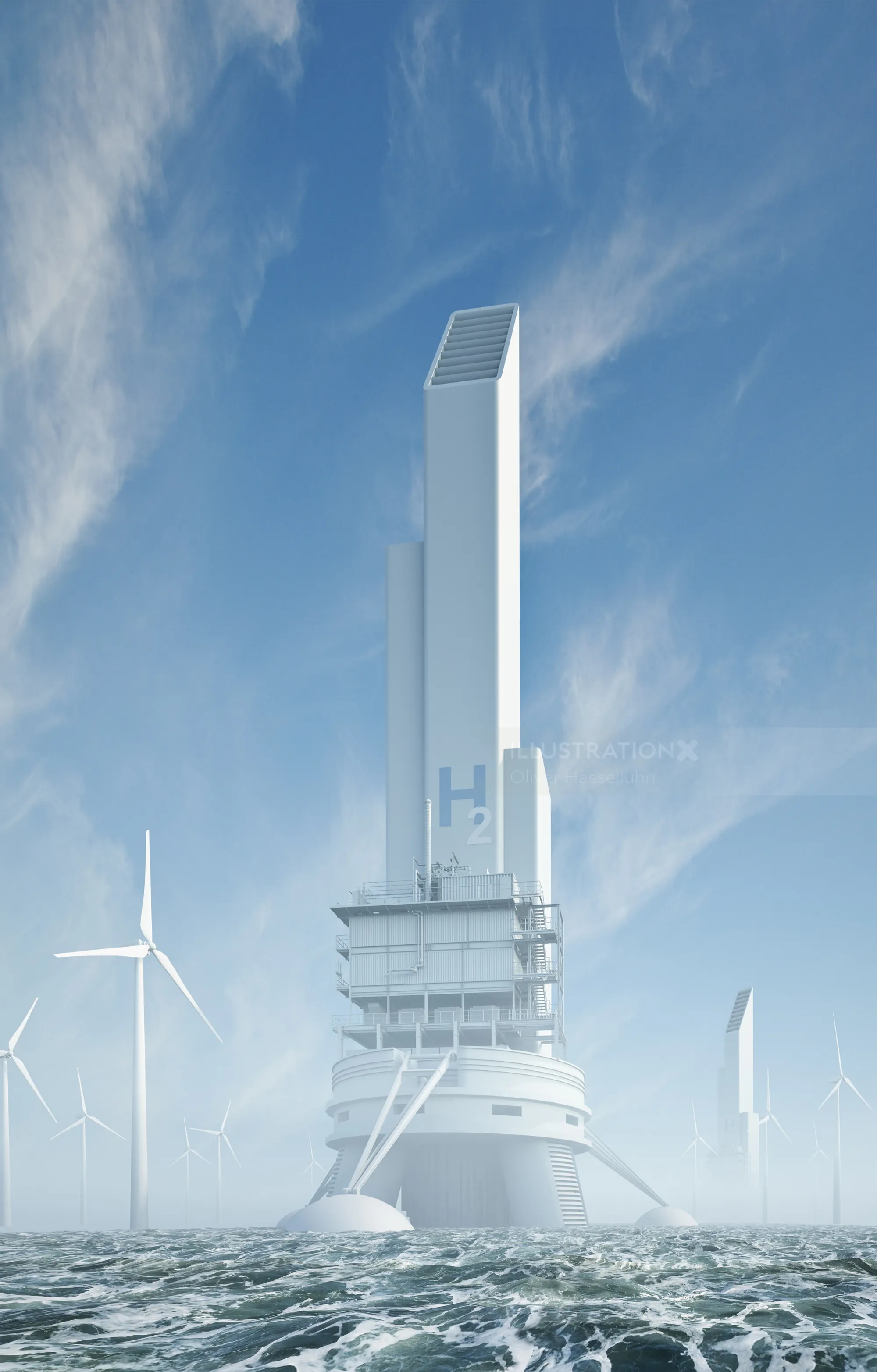 Tall modern tower and wind turbines on sea with blue sky by Oliver Hasselluhn