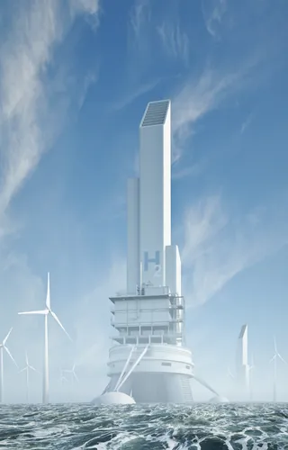 Tall modern tower and wind turbines on sea with blue sky by Oliver Hasselluhn