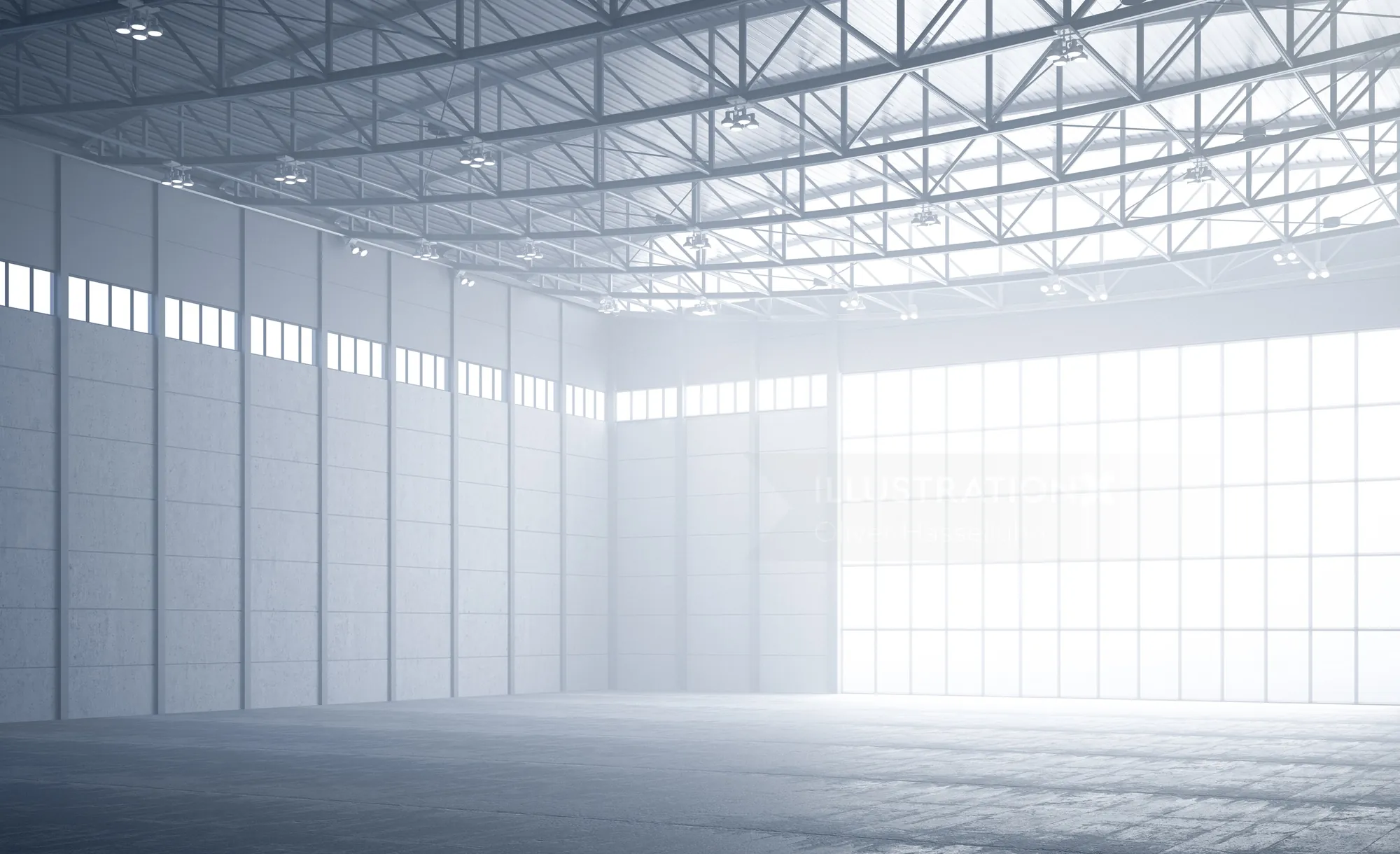 Bright, spacious empty industrial warehouse interior illuminated by natural light by Oliver Hassellu