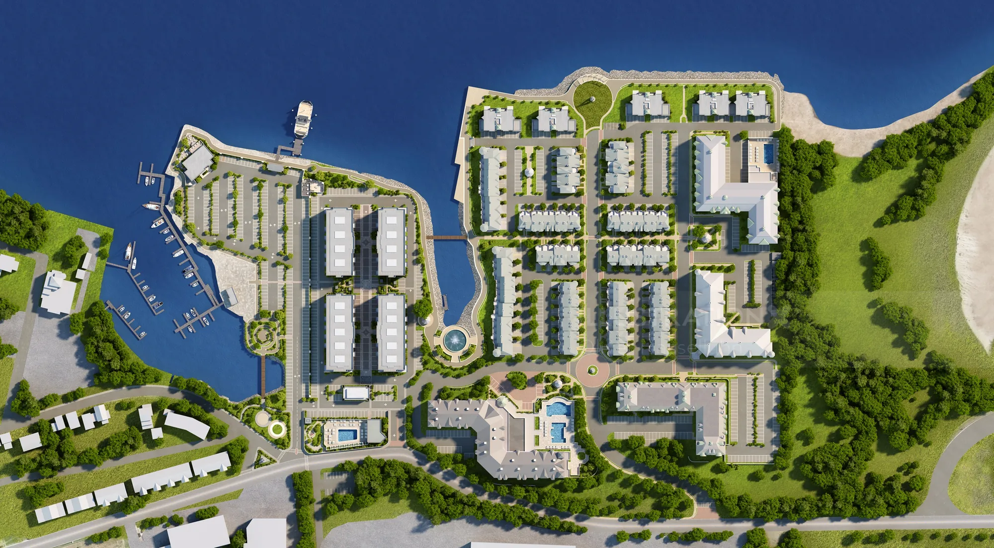 Aerial view of coastal residential complex showing buildings and water, by Oliver Hasselluhn