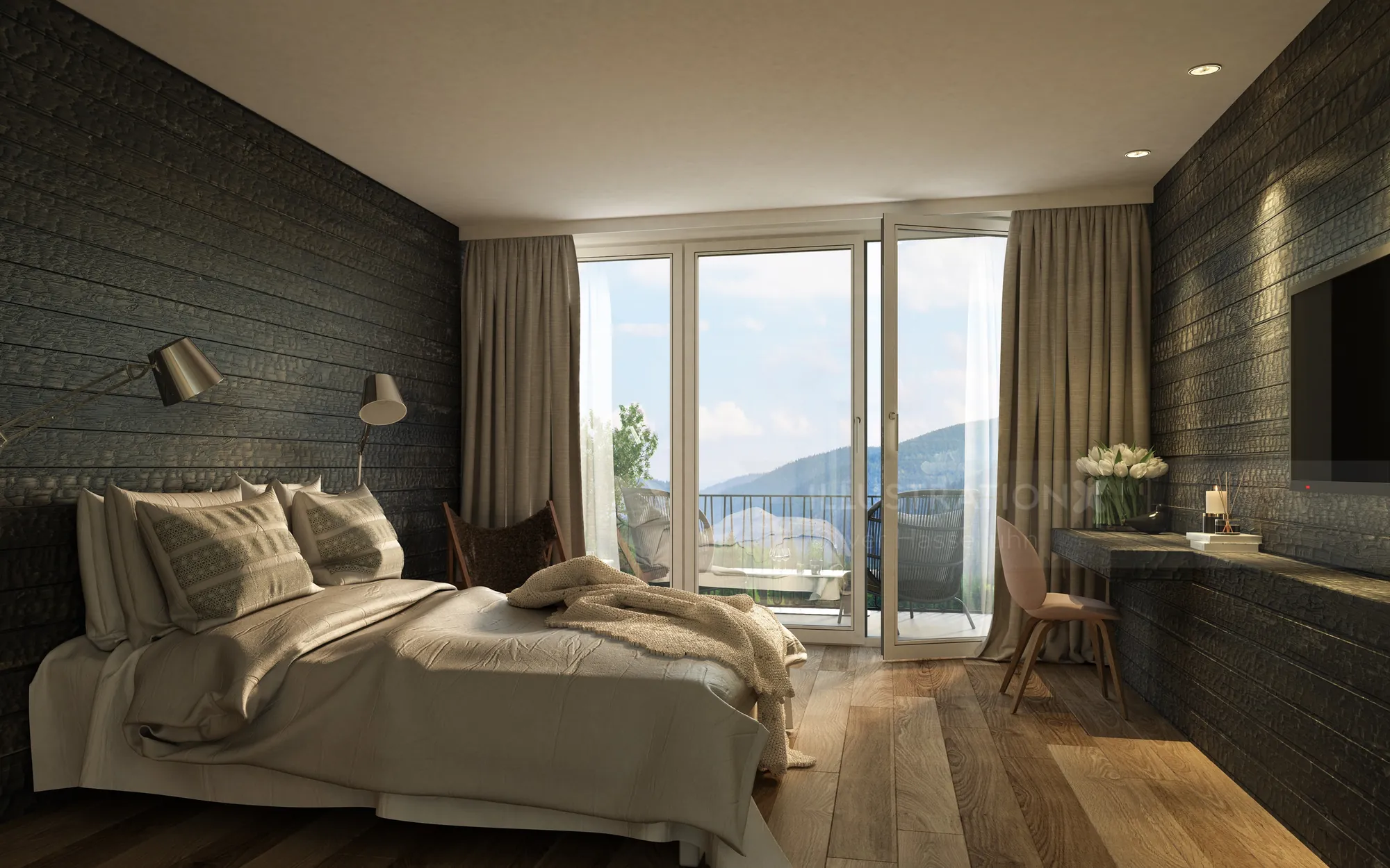 Modern bedroom with bed and mountain view balcony by Oliver Hasselluhn