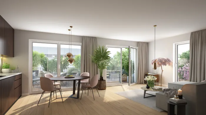 Bright modern living and dining room with plants and wooden floor by Oliver Hasselluhn