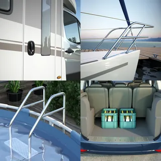Close-up photos of camper van door, boat railing, pool ladder, and car trunk with crates by Oliver H
