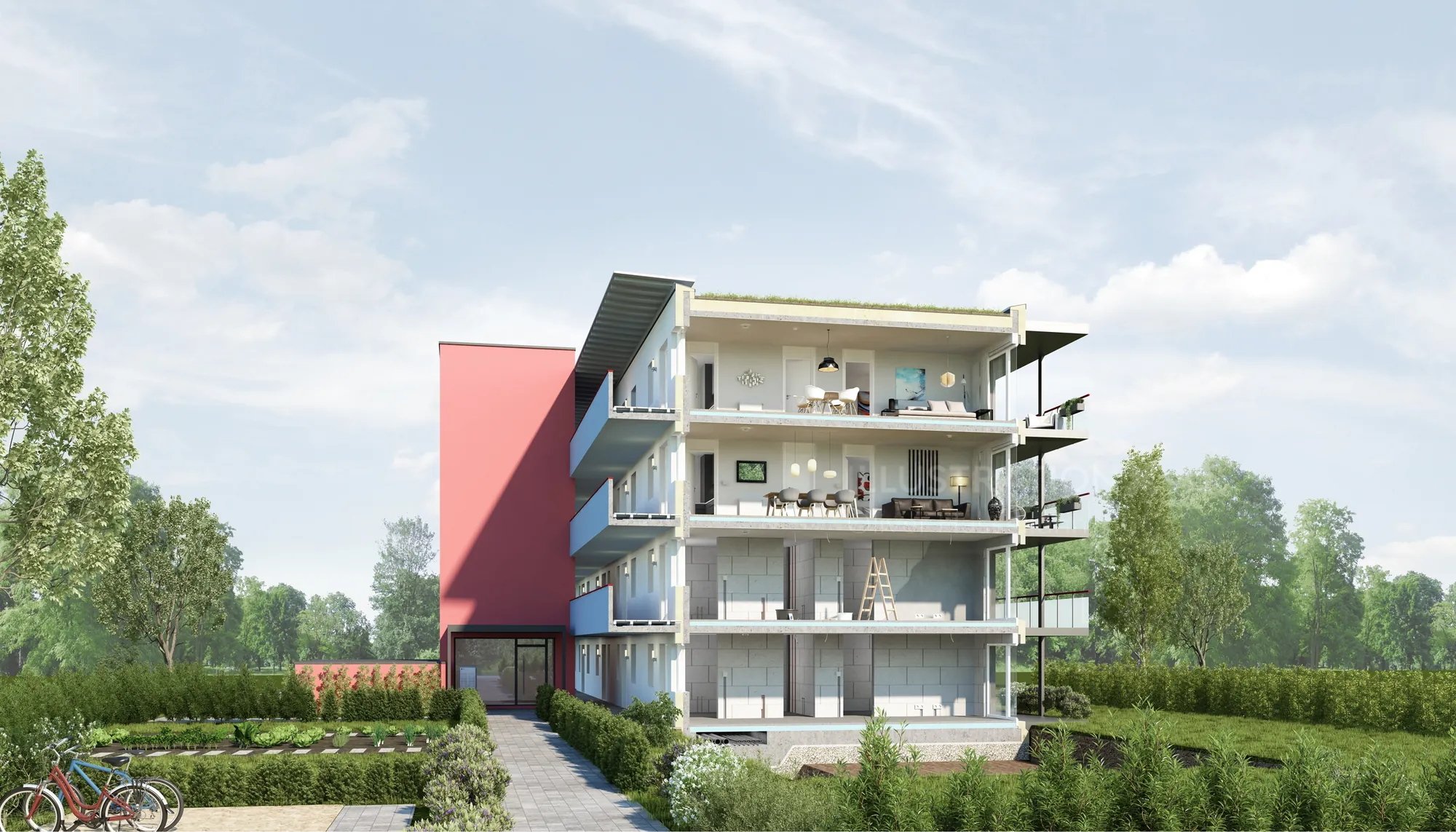 Modern multi-unit residential building with greenery and trees by Oliver Hasselluhn