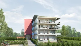 Modern multi-unit residential building with greenery and trees by Oliver Hasselluhn