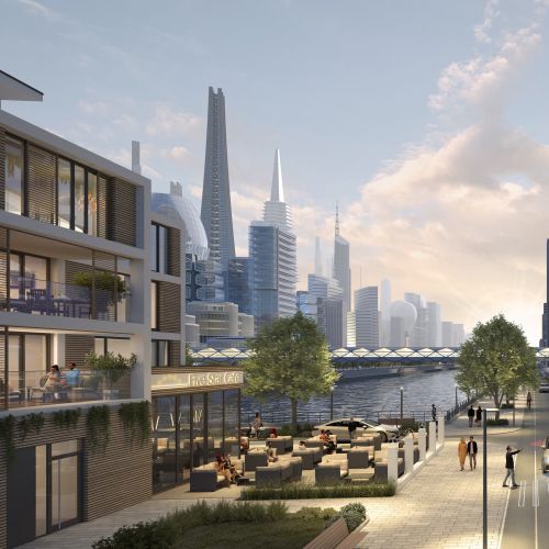 Urban waterfront scene with skyscrapers and Mercedes-Benz building by Oliver Hasselluhn