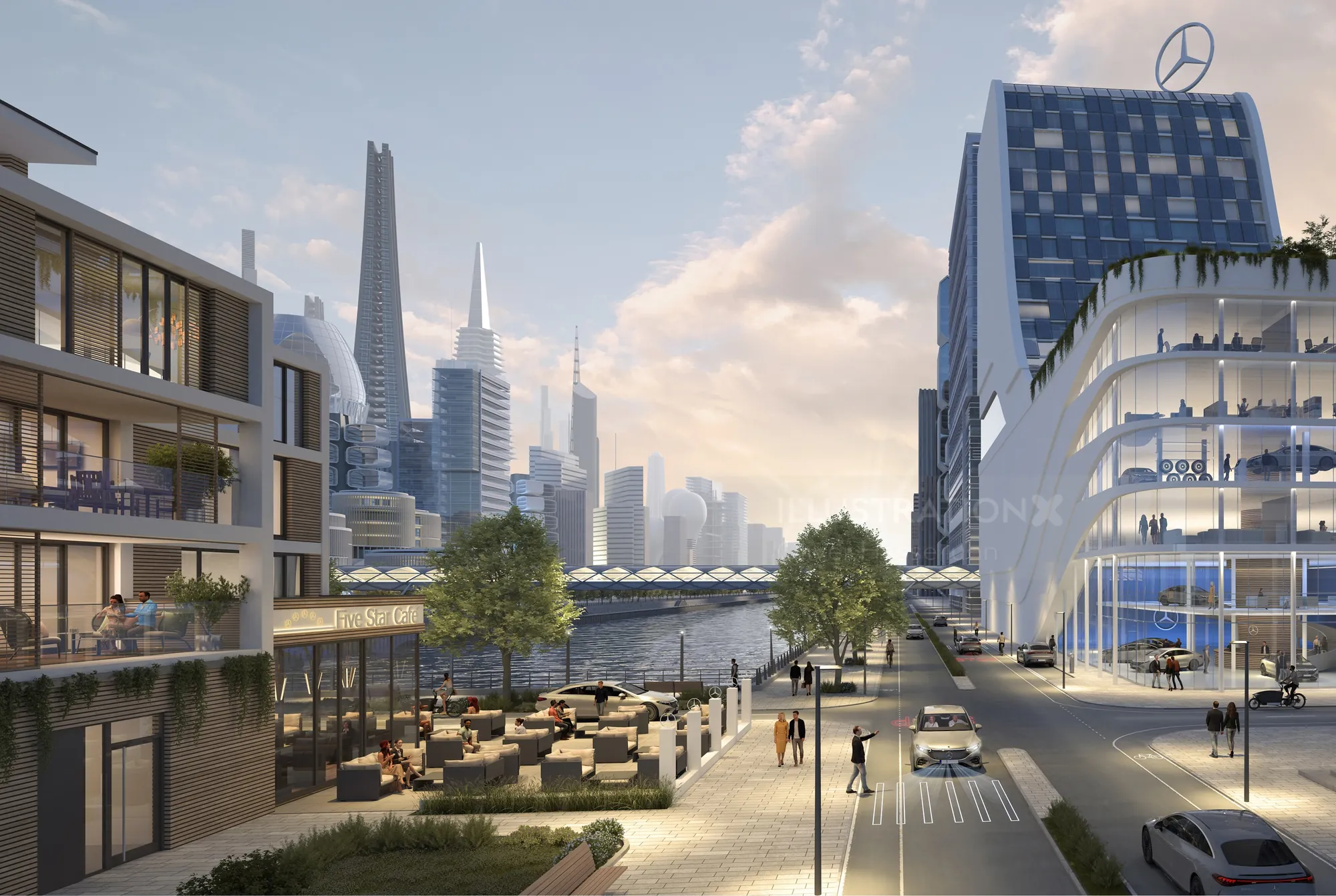 Urban waterfront scene with skyscrapers and Mercedes-Benz building by Oliver Hasselluhn