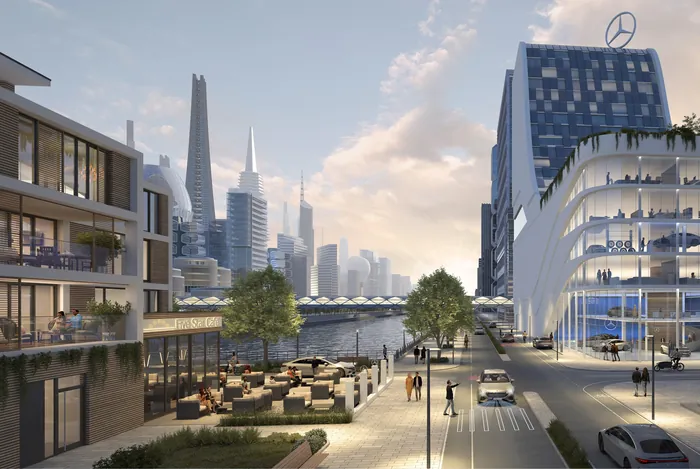 Urban waterfront scene with skyscrapers and Mercedes-Benz building by Oliver Hasselluhn
