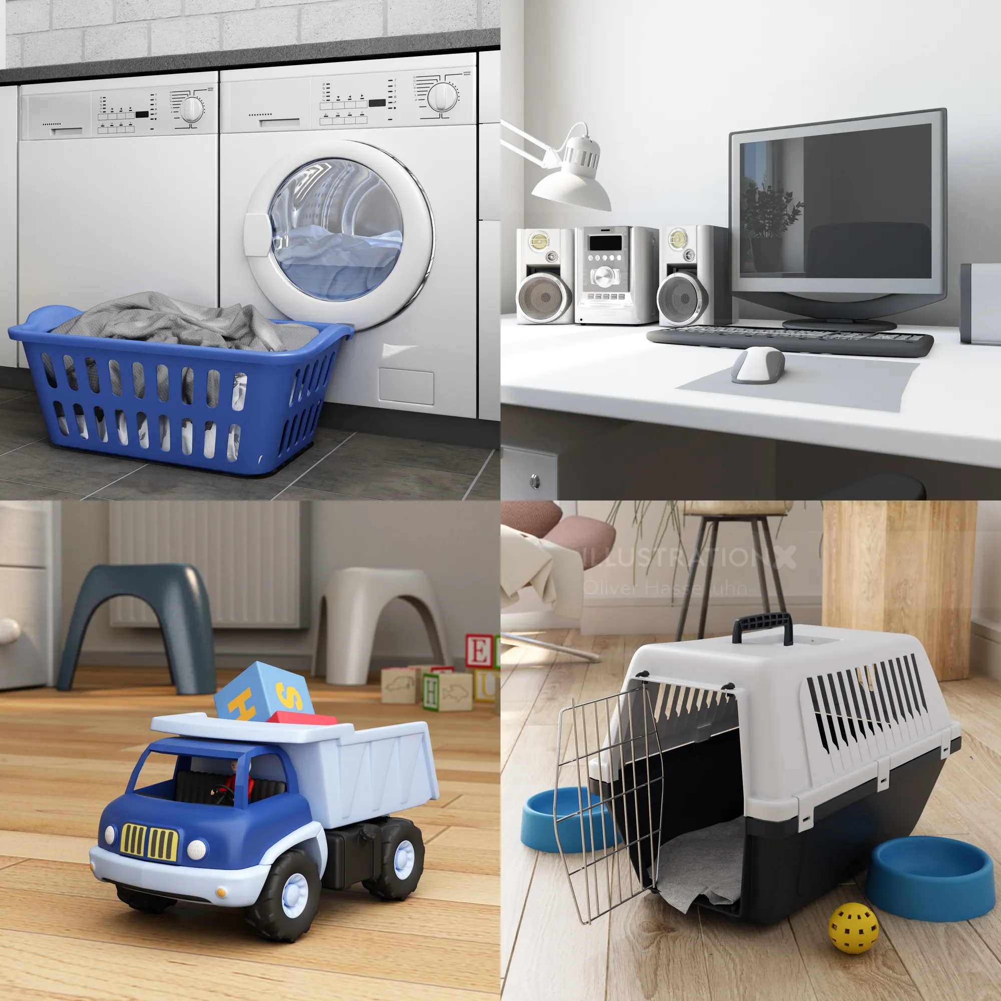 Collage by Oliver Hasselluhn with laundry, computer setup, toy truck, and pet crate