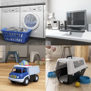 Collage by Oliver Hasselluhn with laundry, computer setup, toy truck, and pet crate
