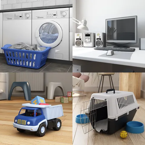 Collage by Oliver Hasselluhn with laundry, computer setup, toy truck, and pet crate