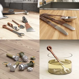 Wooden handled tools, cutlery, and bolts by Oliver Hasselluhn
