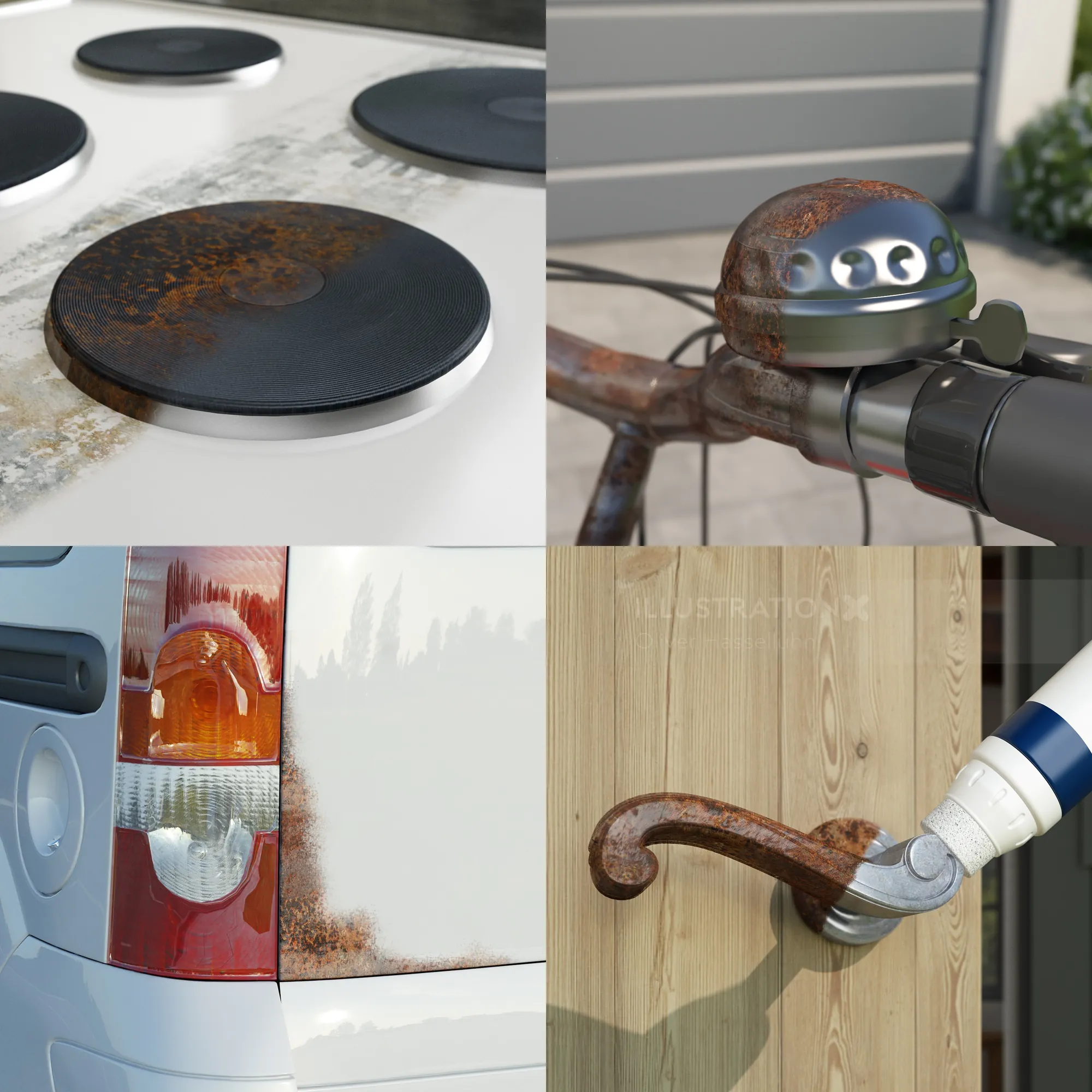 Rust removal on stovetop, bicycle, car, and metal pipe by Oliver Hasselluhn