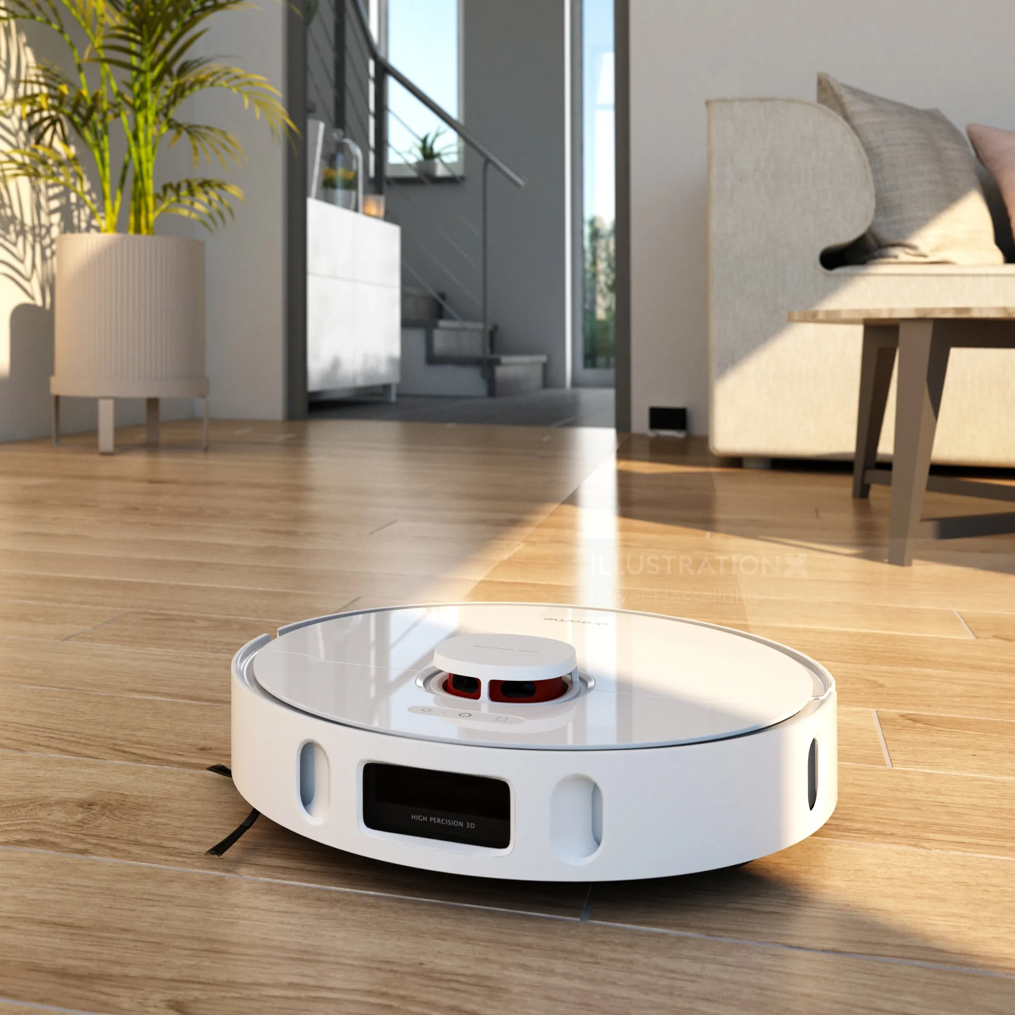 White robot vacuum cleaner on hardwood floor in living room by Oliver Hasselluhn