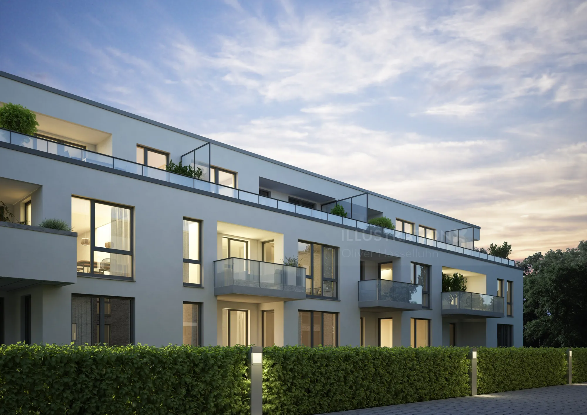 Modern apartment building exterior with balconies at dusk by Oliver Hasselluhn