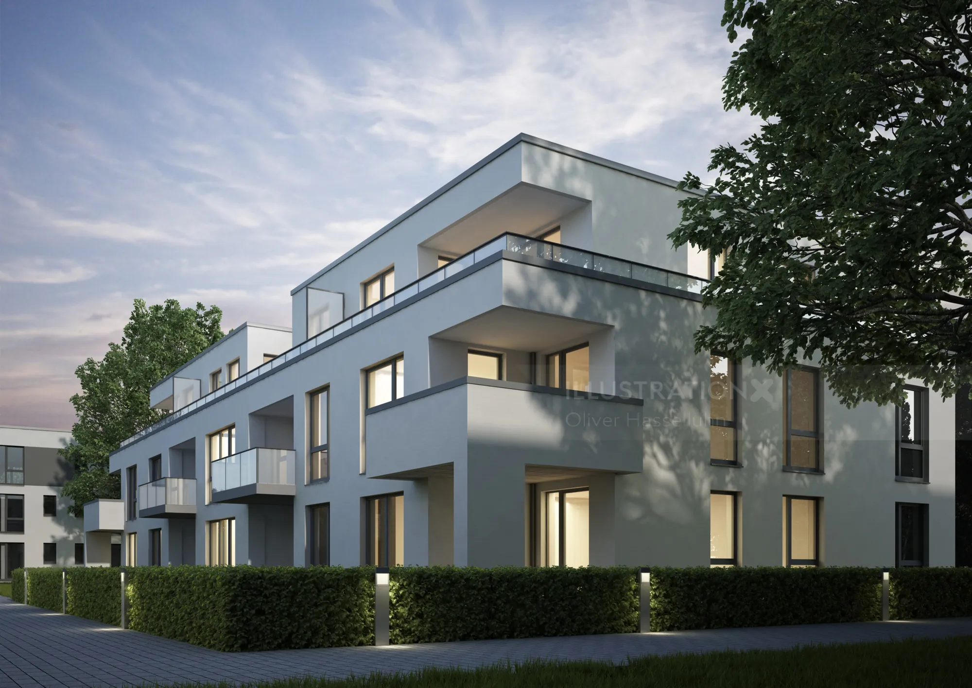 Modern residential apartment building with balconies and large windows by Oliver Hasselluhn